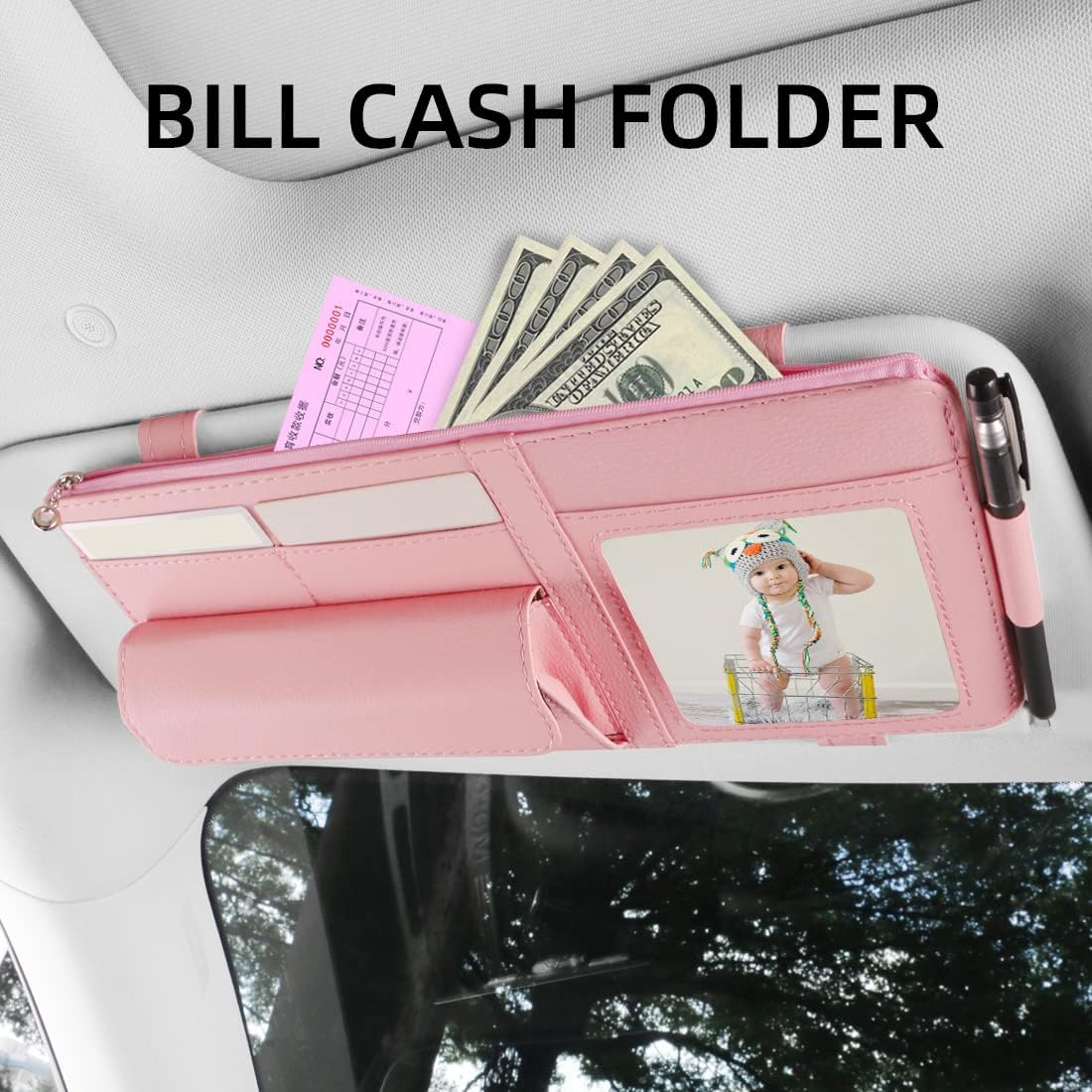 Visor Document Holder for Truck, Car Sun Visor Organizer, Visor Storage Pouch Holder with Sunglasses Clip, Picture Frame, Essential Visor Accessories for Driver Auto Owners Pink