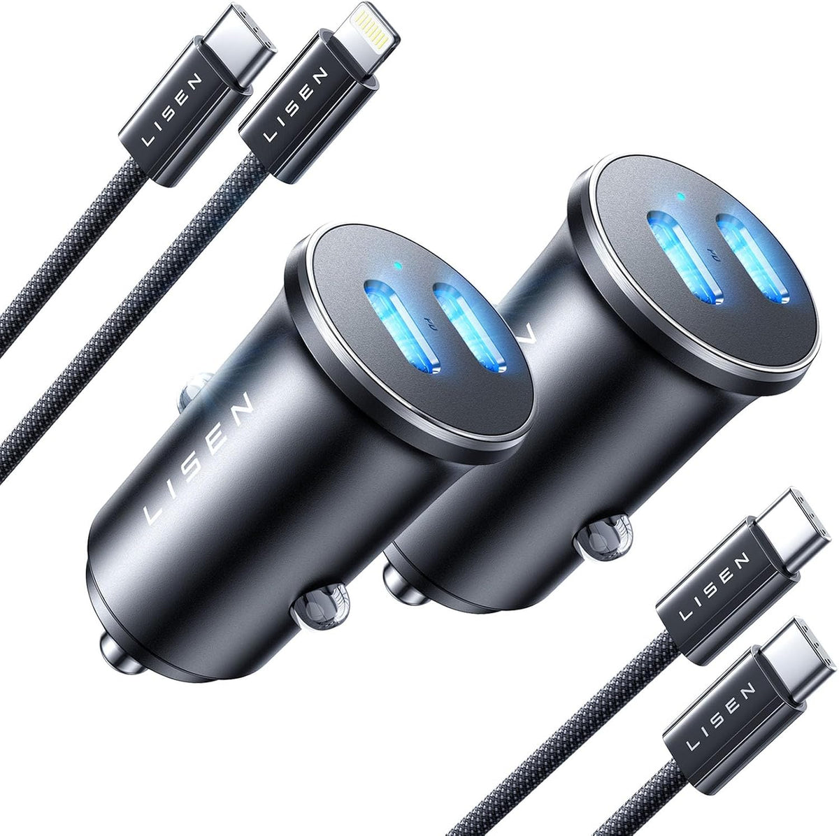 LISEN 2 Pack USB C Car Charger with Lightning Cable & USB C Cable