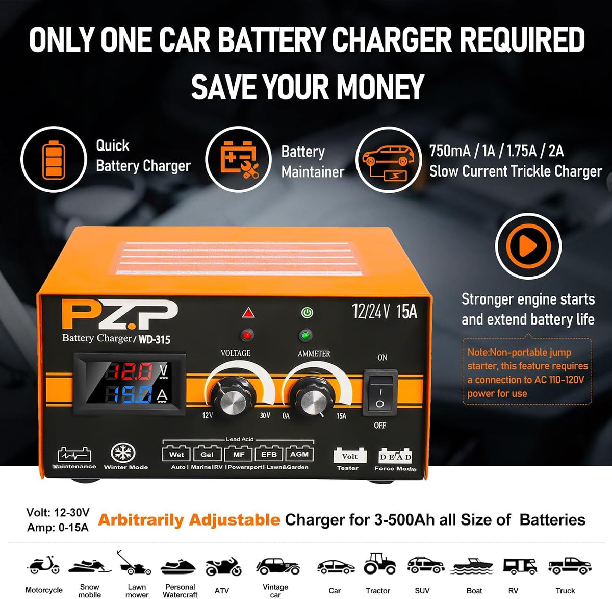PZP 0-15Amp12V 24V Manual Battery Charger Maintainer，Arbitrarily Adjustable