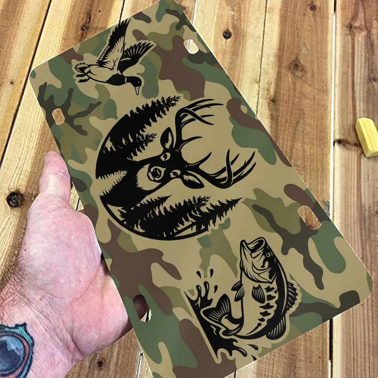 Camo Wildlife Deer Duck Bass Aluminum License Plate 6x12 | Camo Wildlife Decor, Standard 6x12 In, UV Printed Aluminum, 4 Pre-drilled Holes, Outdoor Front Plate, Not for DMV Use.