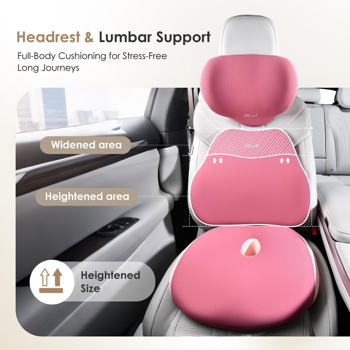 FLORICH Car Seat Cushion & Lumbar Support Pillow & Car Neck Pillow, Ergonomic Memory Foam Driving Seat Cushions for Back & Sciatica Pain Relief, Non-Slip Cushion for Car, Office Chair,Wheelchair-Pink