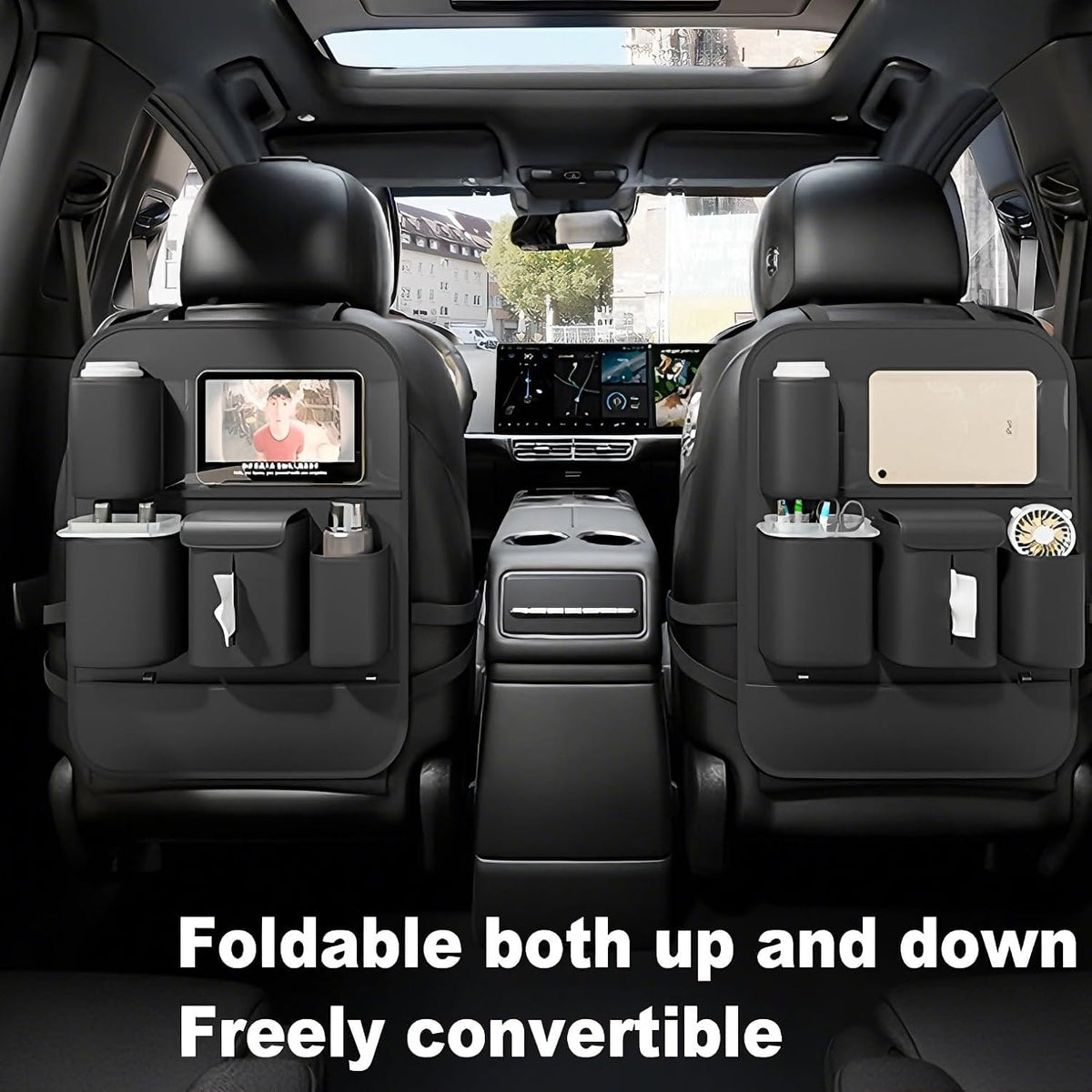 GMQ Backseat Car Organizer with Touch Screen,Protectors Kick Mats Travel Accessories for Kids,Multifunctional Seat Back Organizer Car Travel Organizer Accessories (Black, 1PC)