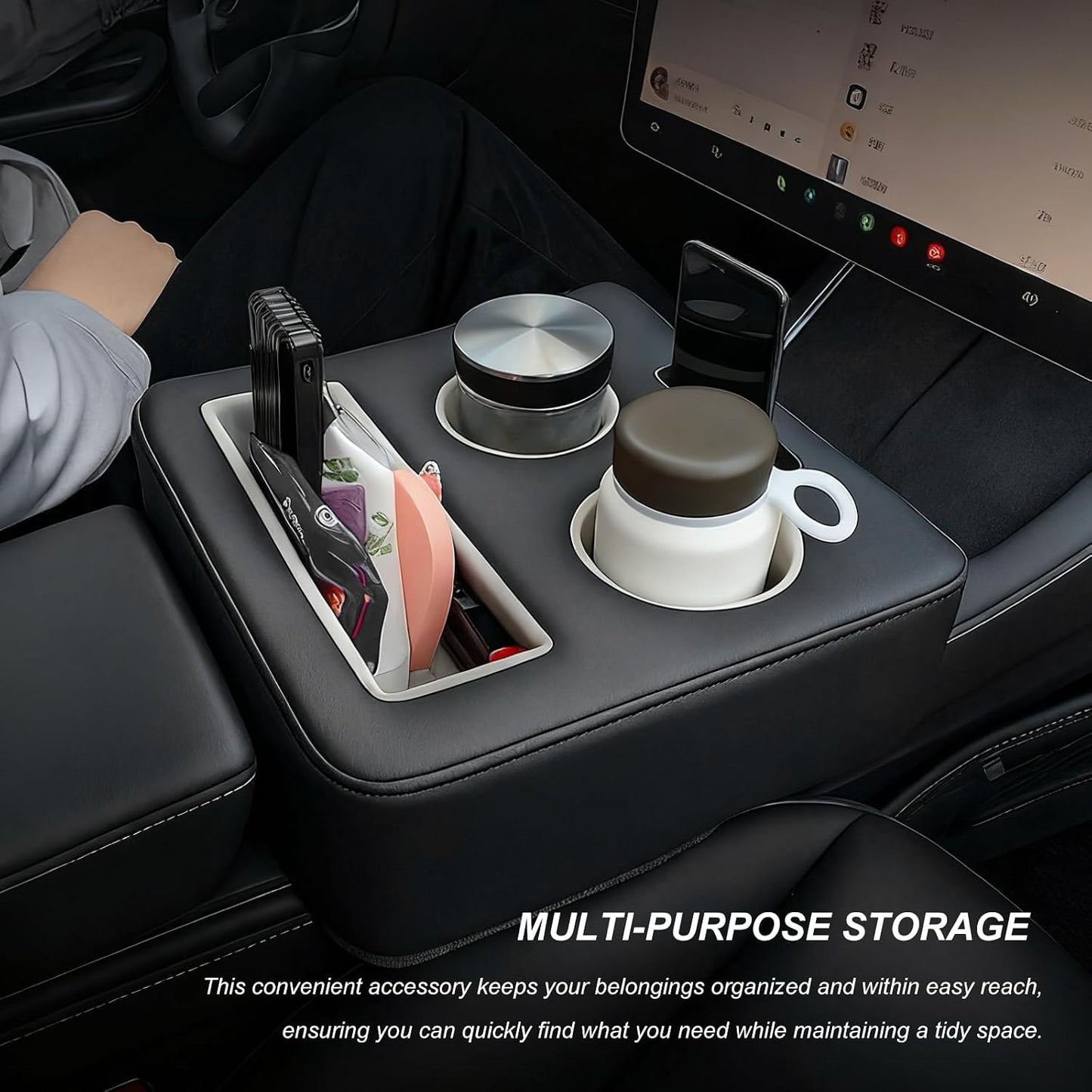 Sun Walker Back Seat Cup Holder for Car, Waterproof Rear Seat Organizer Expander Tray to Store Phone Drink Snack, Universal Leather Cup Holder Pillow for Truck RV Boat Sofa Bed (Black)