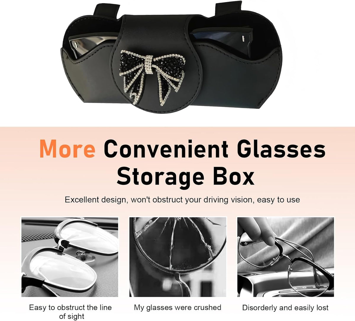 Car Sunglass Holder, Bow Sparkling Rhinestone Visor Sunglasses Holder Clip, Scratch-resistant Car Glasses Case, Universal Vehicle Interior Accessories (Black)