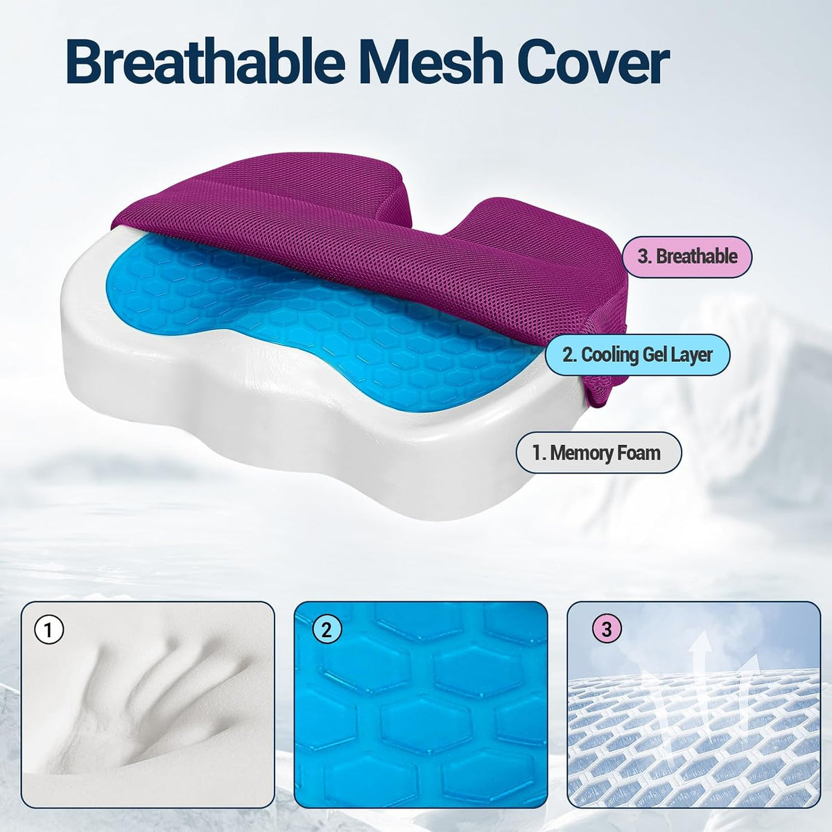 Season Guard Gel Memory Foam Seat Cushion for Tailbone Pain Relief, Purple
