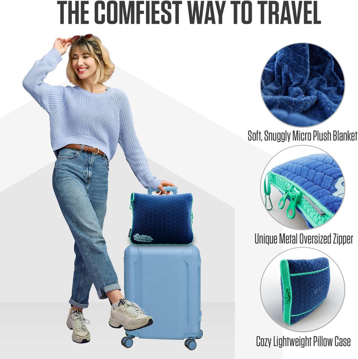 VENTURE 4TH Travel Blanket Pillow – Premium Ultra-Soft & Warm 2-in-1 Blanket or Pillow for Airplane, Car & Bus – Compact, Lightweight & Portable – Lint-Free, No Shedding, No Pilling - Navy/Teal