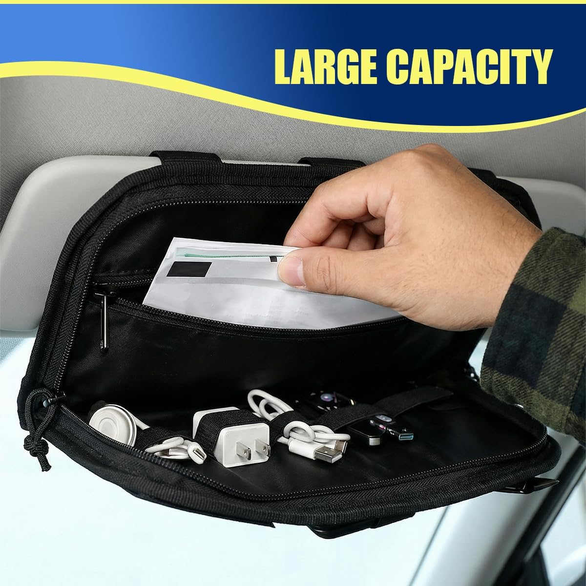 Car Sun Visor Organizer, Multifunctional Car Visor Zip Storage Pouch with Glasses Clip & Card Sleeve Pocket, Auto Interior Semi-Rigid MOLLE Panel for Cars, SUVs, Trucks (Black)