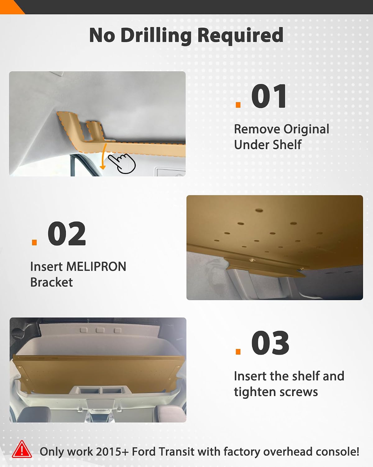 MELIPRON Van Headliner Shelf & Curtain Rod Fit for 2015–2026 Ford Transit Medium & High Roof, Overhead Storage Shelf with Modular Mounting Slots, No-Drill Installation for Organized Van Storage