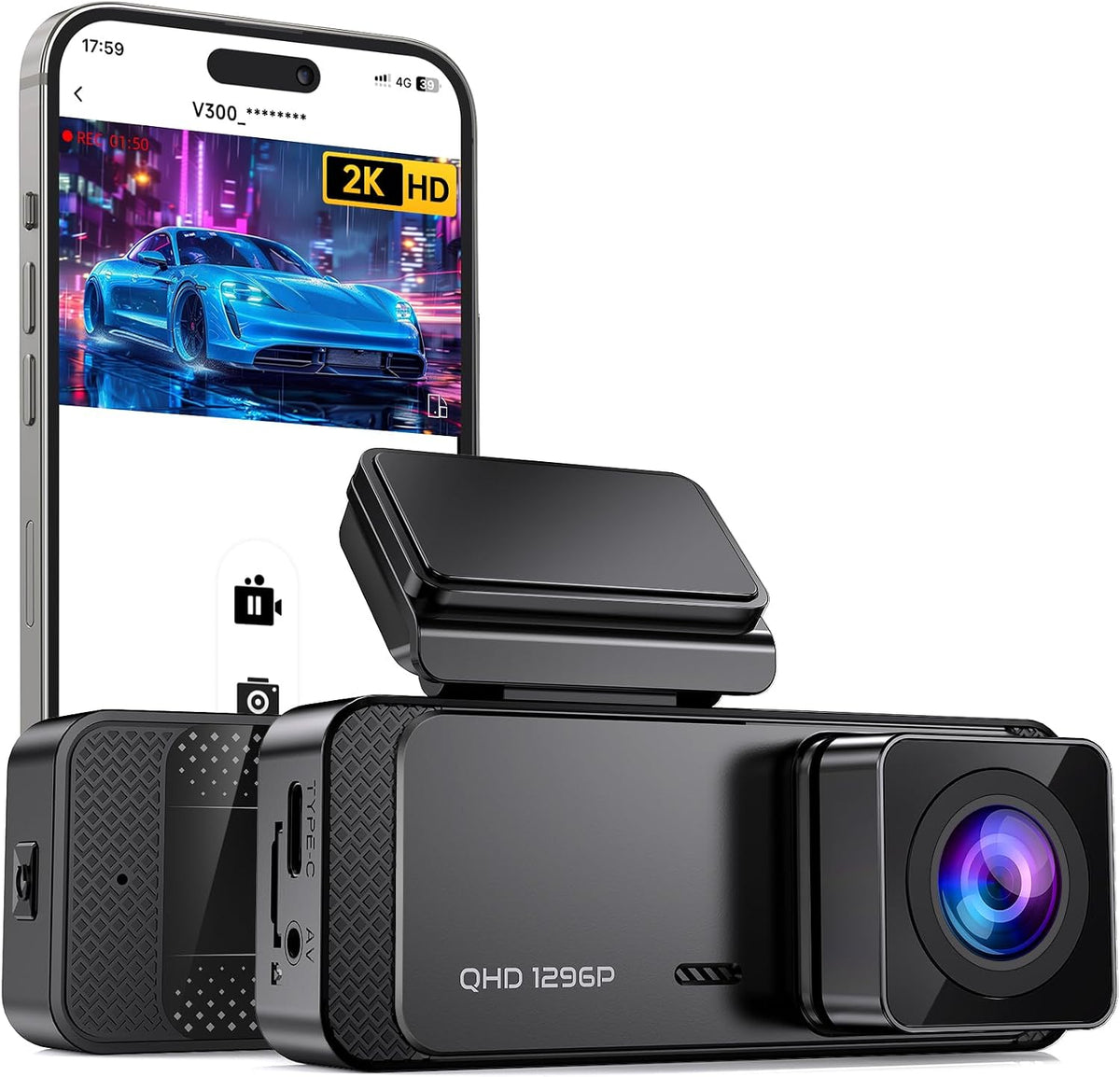 Veement 1296P Dash Cam Front, WiFi Dash Camera for Cars with App
