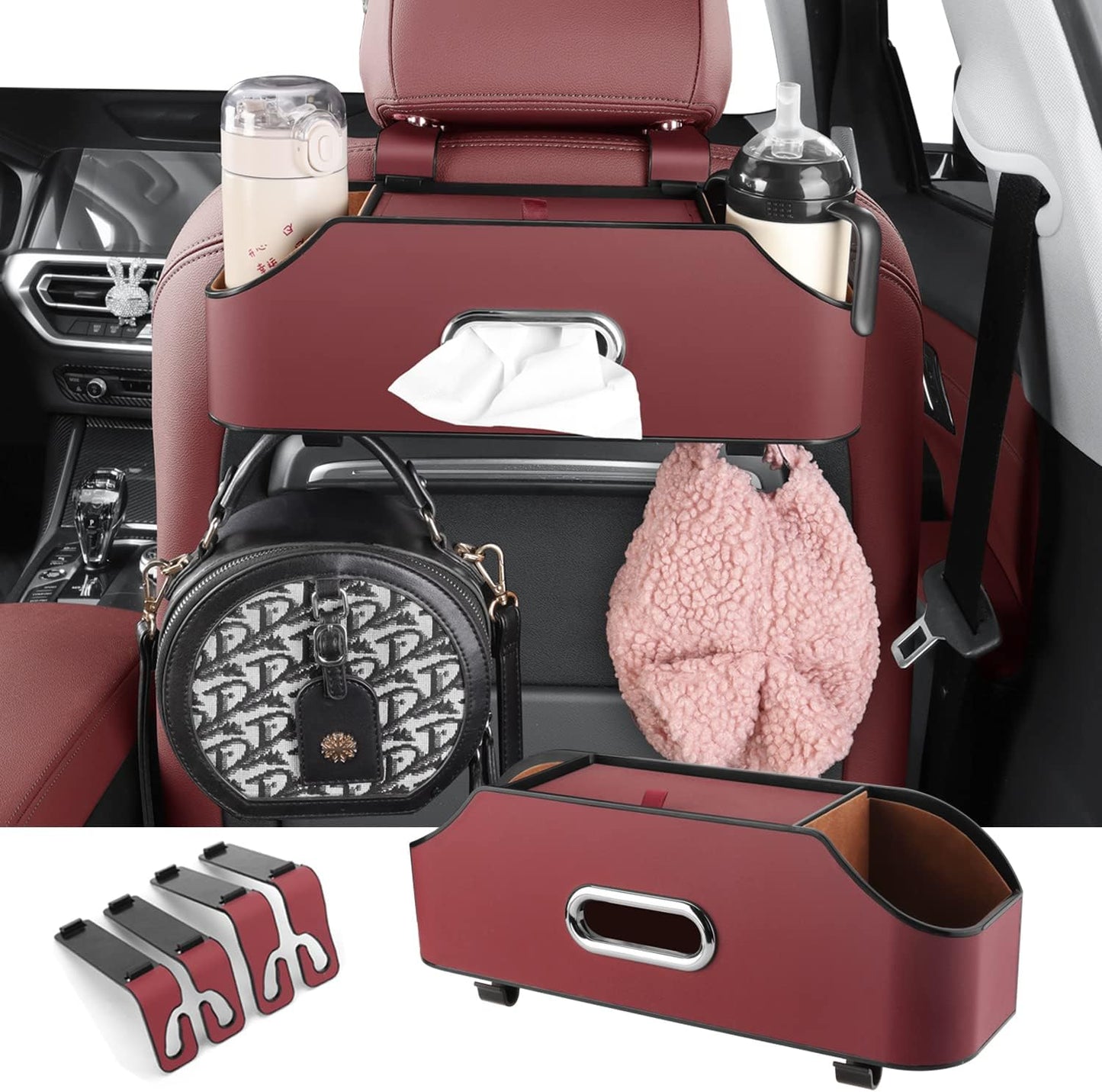 HOLDCY Car Back Seat Organizer with 2 Drink Cup Holder - Tissue Box and Storage Box Hook - Multi-functional Storage - Great for Kids and Travel (Beige)