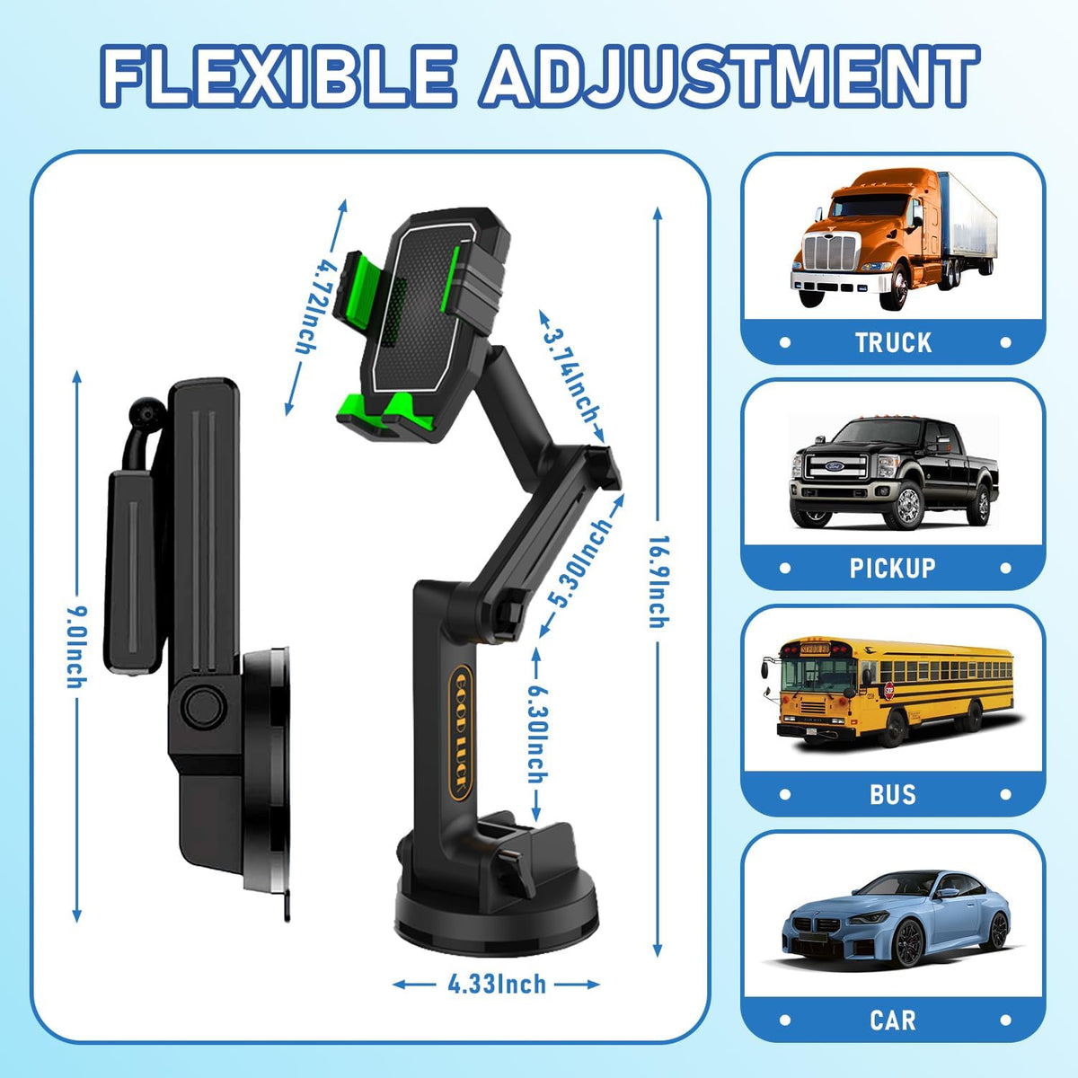 WUITIN Heavy Duty Phone Holder - Long Arm, Anti-Shake Suction Cup, Compatible with All Phones & Vehicles