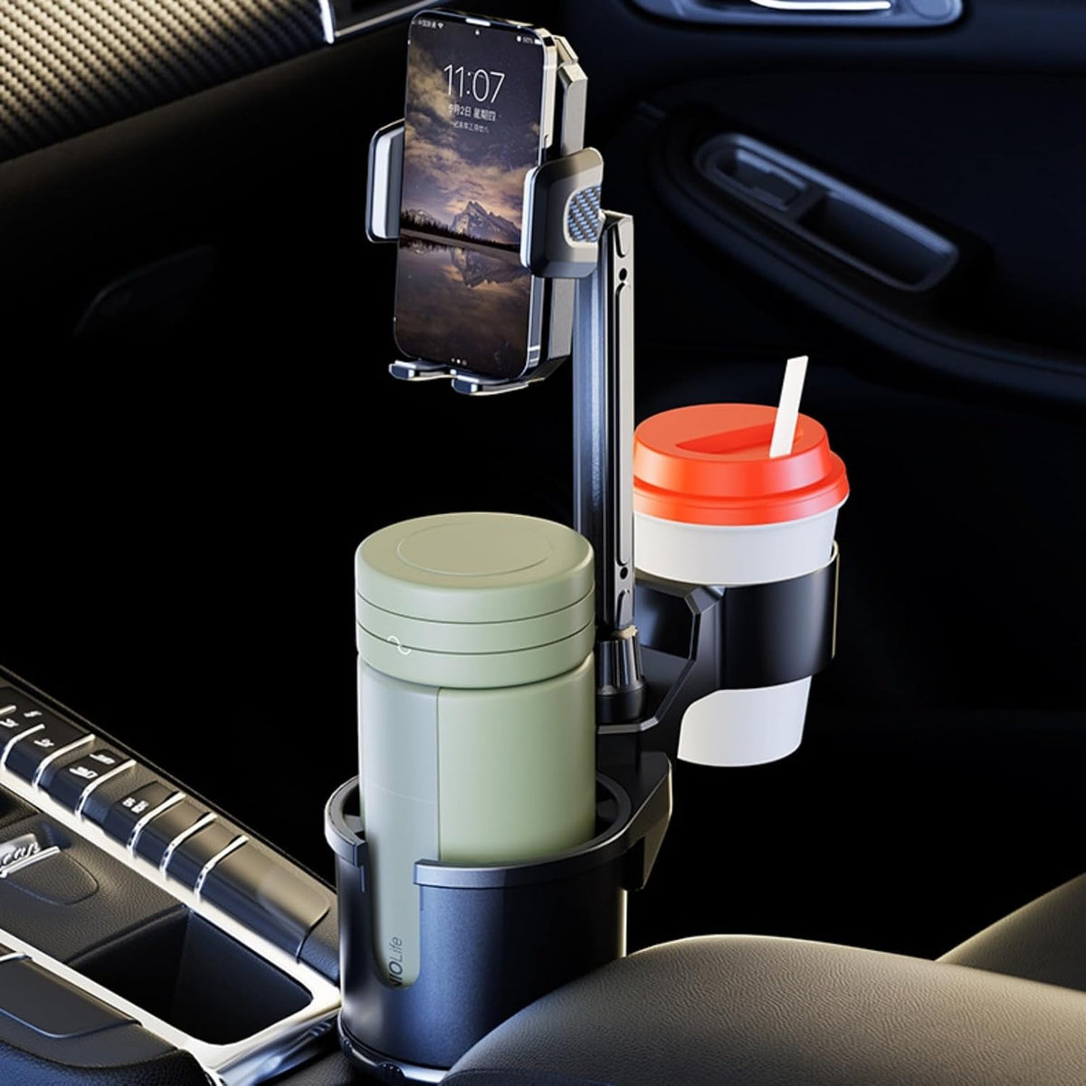 4 Styles Multifunctional Options Automatic Car Cup Holder/Tray/Phone Holder Expander,Adjustable Arms & Extendable Base Insert,360°rotation， Compatible with Phones and Most Bottles (phone-double cup)