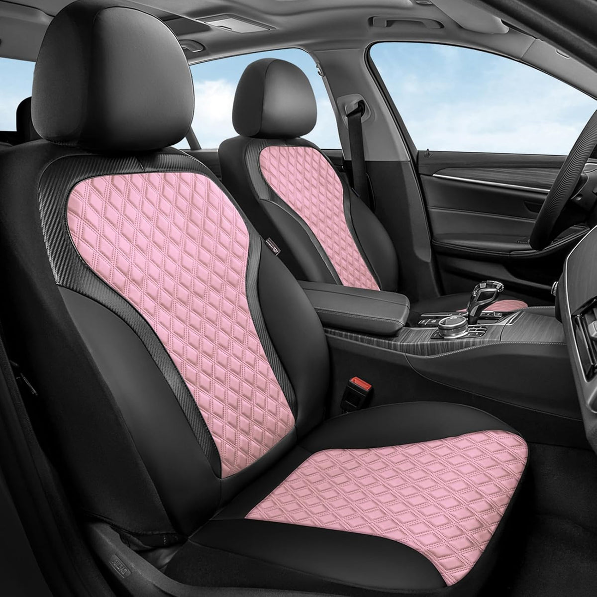 Coverado Seat Covers Front Seats, Luxury Diamond Leather Car Seat Cover, Sports Carbon Fiber Design Waterproof Car Seat Protector, Black Pink Automotive Seat Covers Universal Fit Most Cars
