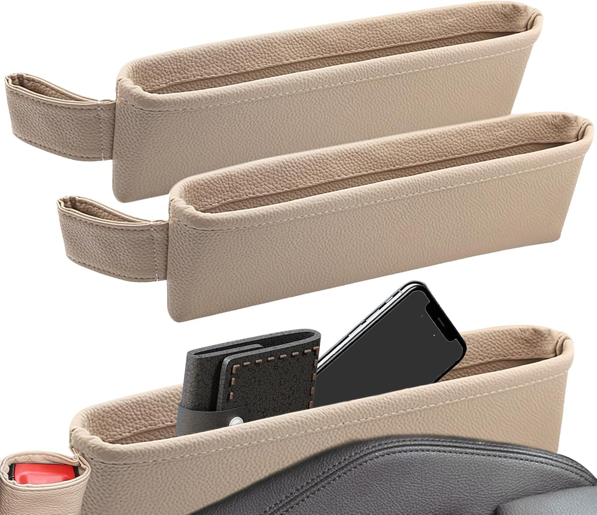 2 Pack Update Car Seat Gap Filler Organizer Leather Console Storage Box Front Side Pocket Seats Organizers Filler Interior Car Accessories for Phone Wallet Coin Key Sunglasses (Off-White)