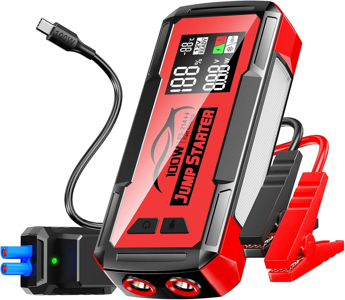 Jump Starter with Built-in Cable 16000A&59.2Wh, Portable Power Bank for 100W Dual-Way Fast Charging,12V SuperSafe Lithium Jump Box, Battery Booster Pack Up to (All Gas/14L Diesel)