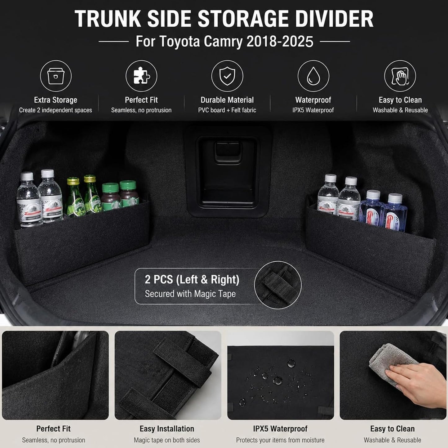 For Toyota Camry 2018-2025 Car Rear Trunk Organizer Side Divider, 2Pcs | Left and Right Trunk Side Storage Baffle Cargo Storage Divider Felt Waterproof Increase Storage Space, Easy to Install, Black
