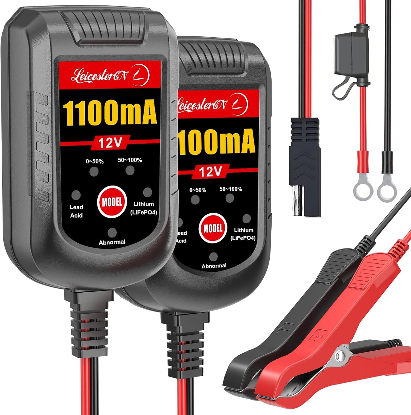 2 Pack Motorcycle Battery Charger 12V, 1.1Amp Trickle Charger and Maintainer - Smart Automatic Float Charger for Cruiser Sport Bike ATV Scooter Dirt Bike Lawn Mower, LiFePO4 Lead Acid AGM Gel