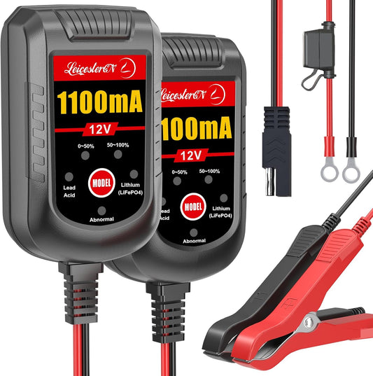 2 Pack Motorcycle Battery Charger 12V, 1.1Amp Trickle Charger and Maintainer - Smart Automatic Float Charger for Cruiser Sport Bike ATV Scooter Dirt Bike Lawn Mower, LiFePO4 Lead Acid AGM Gel