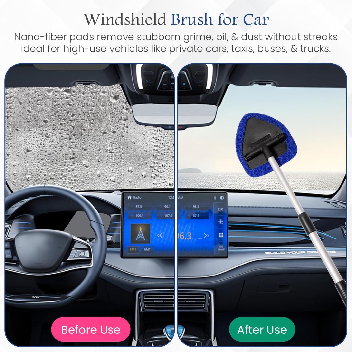 Windshield Cleaner Tool for Inside Car Windows with 6 Microfiber Pads Power Blade Glass Cleaning Kit, Magnetic Reach Handle for Auto Interior, Streak Free Window Supplies