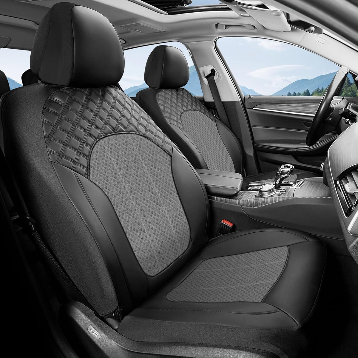 FLORICH Automotive Seat Covers 2 Seats Breathable Front Car Seat Cover Leather Air Mesh Car Seat Protector Cushion Airbag-Compatible Universal Fit for Most Car SUV Sedan Truck, Gray&Black