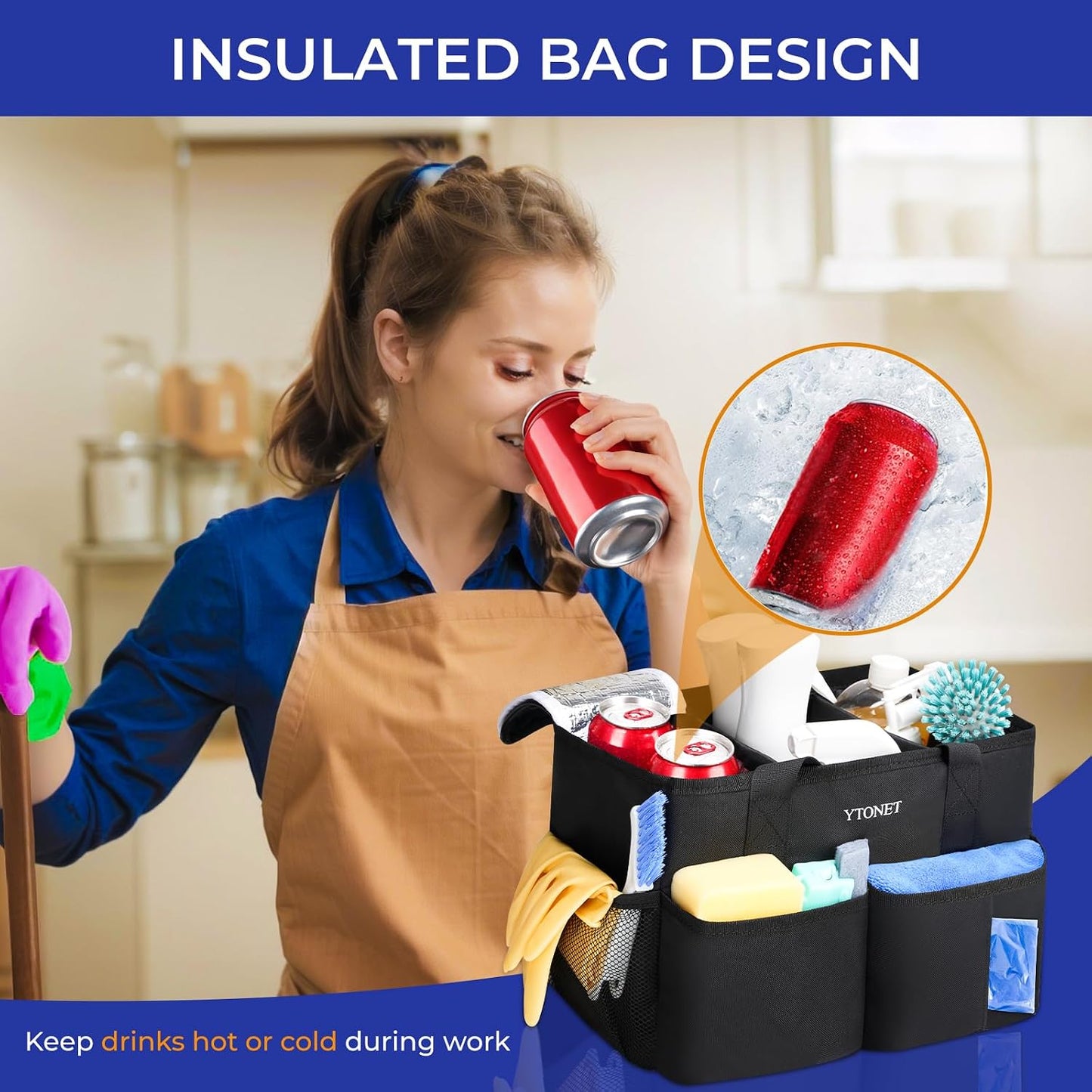 Ytonet Cleaning Caddy, Water Resistant Cleaning Supplies Organizer with Handle & Foldable Divider for Cleaners, Housekeeping Tote for Kitchen & Bathroom, Car Tool Caddy Organizer Bag, Black