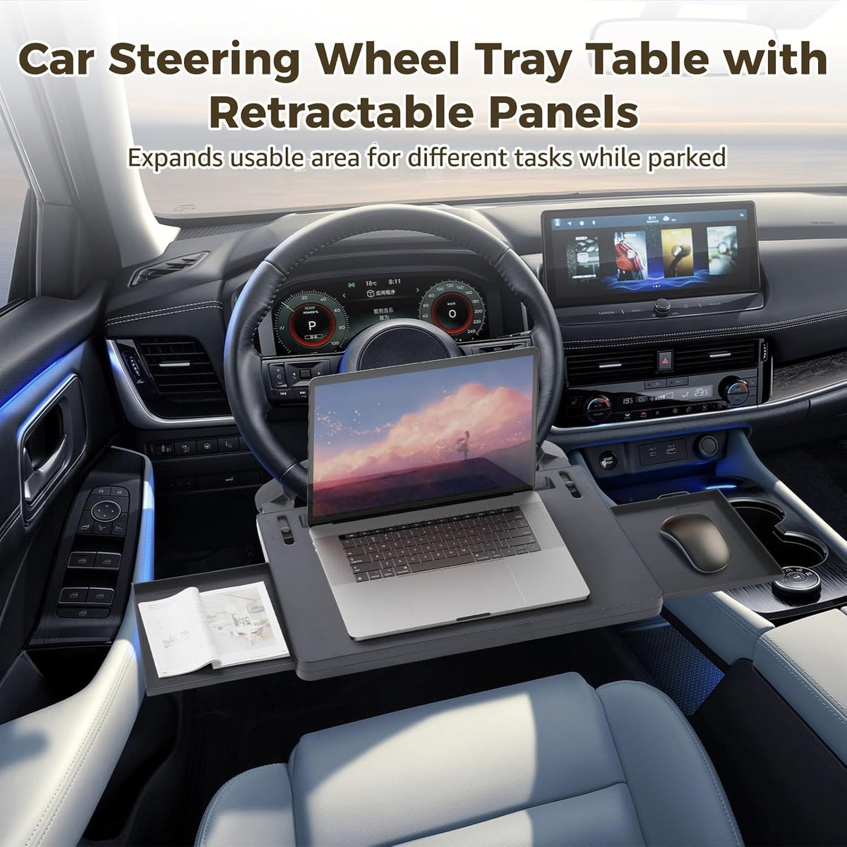 OMISTAR Car Steering Wheel Tray Table with Retractable Panels, Adjustable ABS Plastic Car Desk for Laptop, Eating Food, Writing, Steering Wheel Food Tray, Universal Fit for Most Vehicles