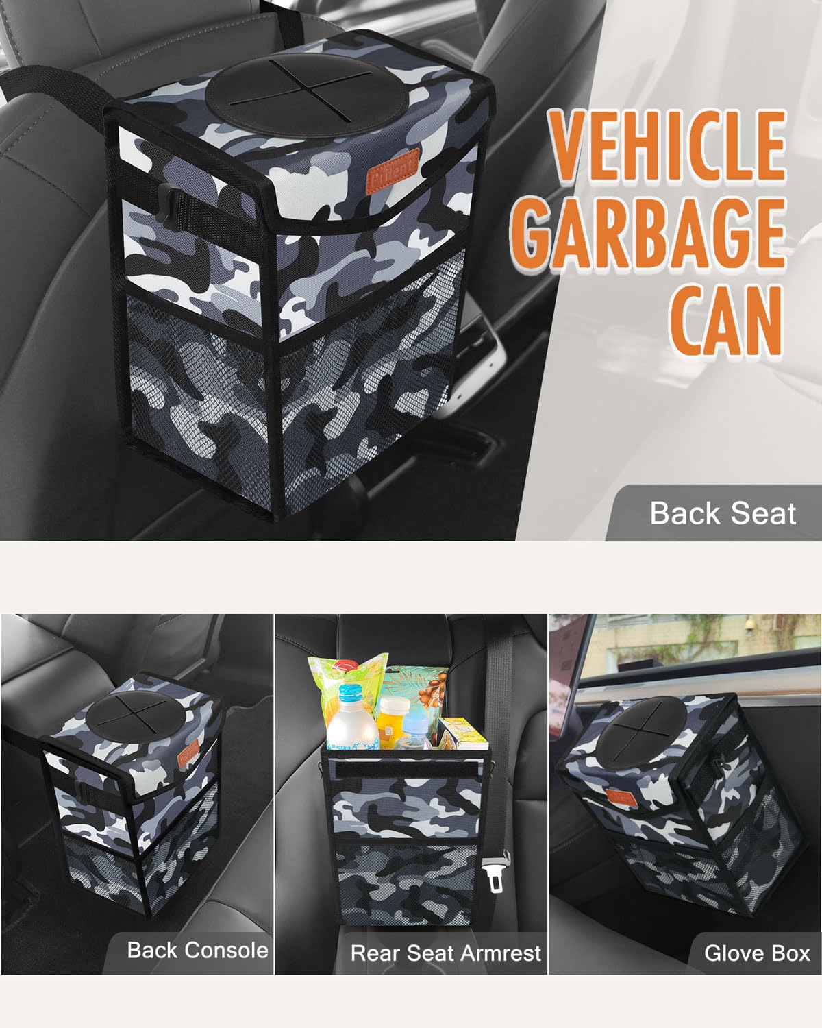 Pritent Car Trash Can with Lid, Cute Leakproof Car Trash Garbage Bag Hanging Vehicle Trash Bin Small Portable Automotive Garbage Cans Organizer for Back/Front Seat/Console(Trapezoid,Camo Grey)