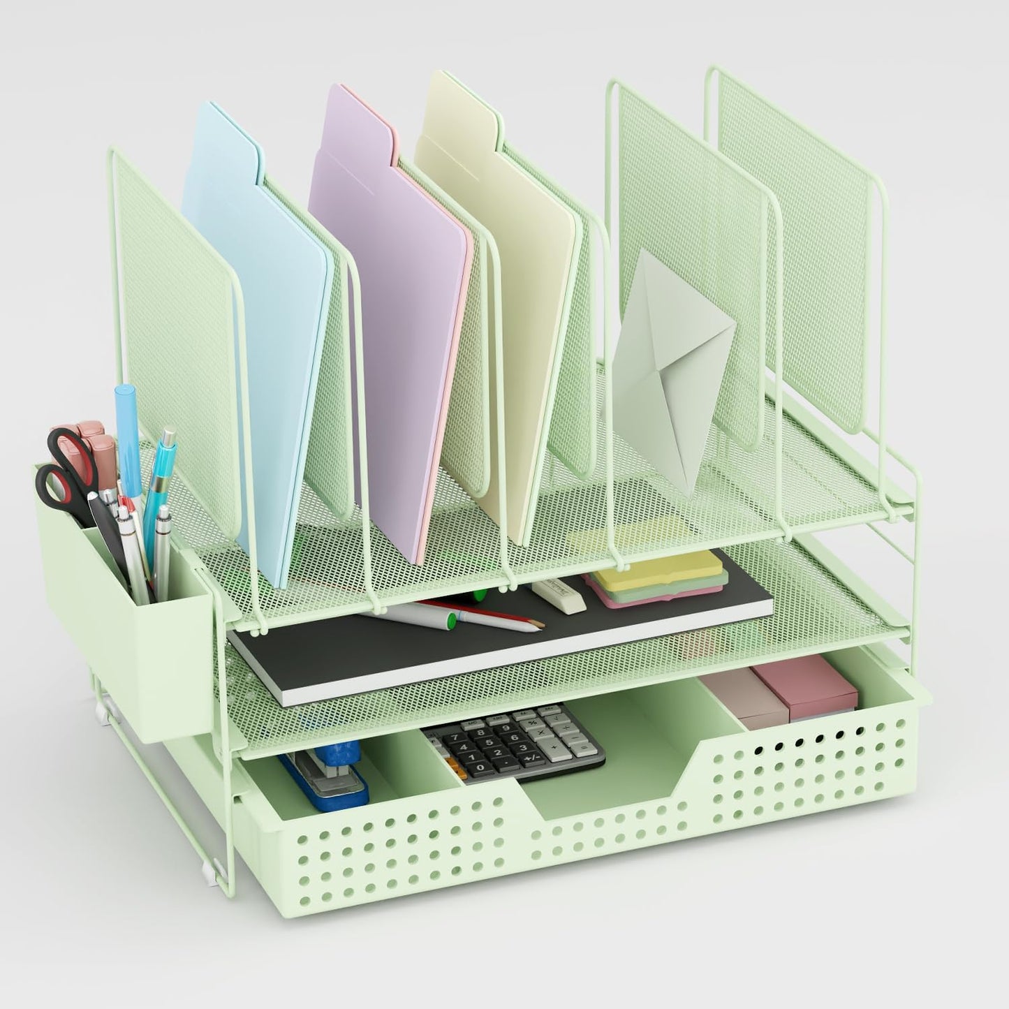 LEKETREE Green Desk Organizer, Office Organization with Vertical File Holder, File Organizer with Drawer and Pen Holder, Desk Accessories and Workspace Organizers for Home Office (Green)