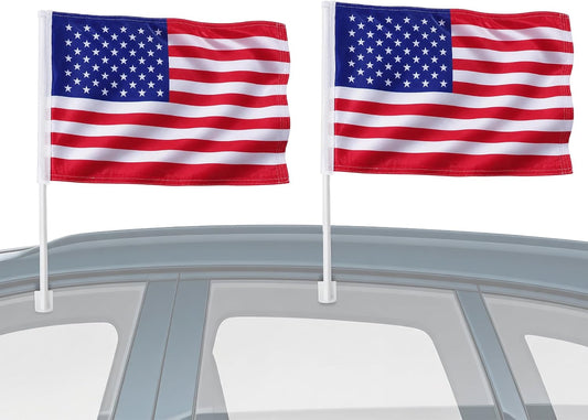 2-Pack American Flag for Car Window - Heavy Duty 2-Ply Warp-Knitted Polyester USA Car Flags, 17.5" Sturdy Pole W/Window Clip, Highway Ready for SUV, Truck & Football Sports Events