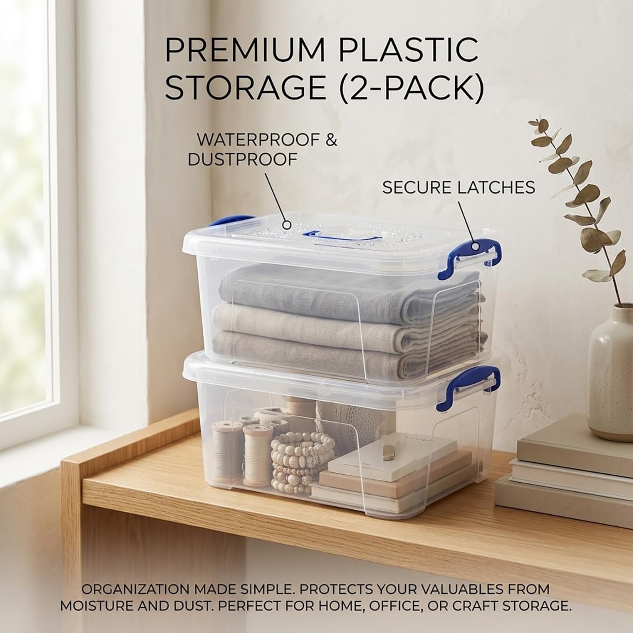 9 Quart Clear Storage Latch Bins with Lids/Handle, Plastic Clear Stackable Box, 9-Liter (2 Pack)