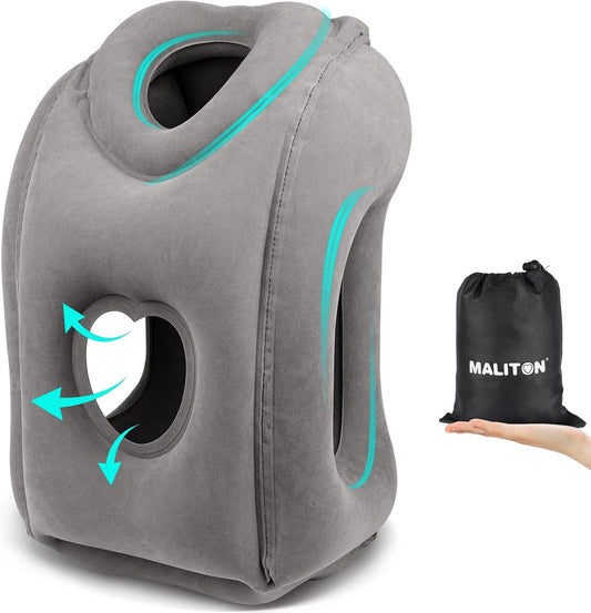 Maliton Inflatable Travel Pillow for Airplane (Dark Grey) | Comfortable Sleeping to Relieve Neck & Shoulder Pain,Support Head Inflatable Pillow for Long Flights, Used for Cars,Trains