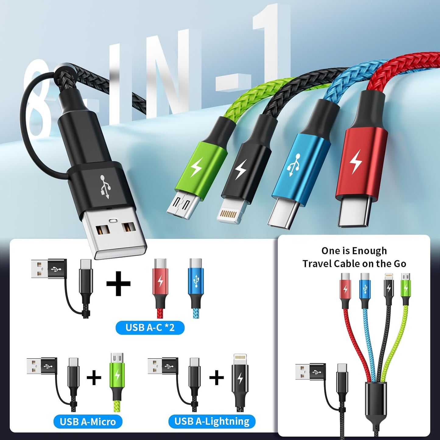 Travel Essentials 4 in 2 Multi Charging Cable [3Pack 5FT], Car Accessories Charging Cable, Chargers for Multiple Devices ith IP/Type C/Type C/Micro, Compatible with Most Phones/Tablets and More