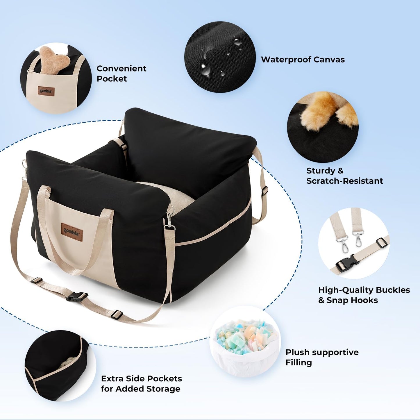 ZOMISIA Dog Car Seat for Small Dogs - Waterproof Pet Booster Seat for Car with Clip-On Safety Leash, Travel Carrier for Medium Puppy up to 25 lbs, Adjustable Buckles, Black