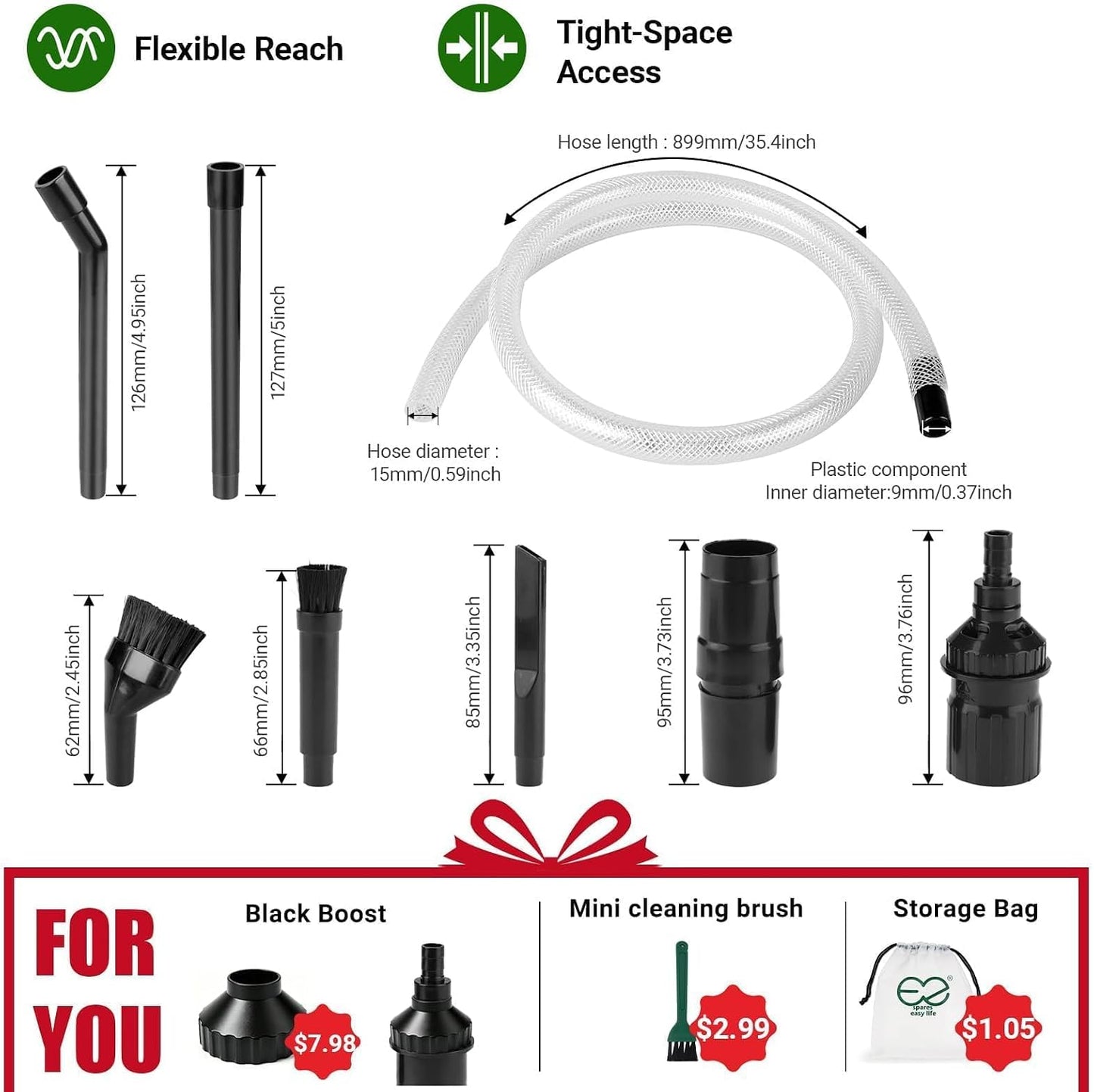 EZ SPARES Crevice Attachment Kit, Compatible with 1-1/4 Inch Vacuum,Micro Cleaning Tools for Keyboard, Crevice, Car, Vents & Tight Spaces, Woodworking,Pet Cleaning, with Storage Bag+Boost Suction