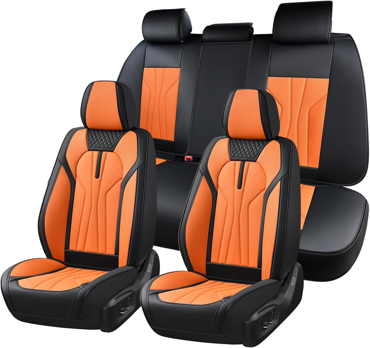 Huidasource Leather Car Seat Covers Full Set 5 Seats, Waterproof Faux Leather Front & Rear Seat Cover with Headrest, Non-Slip Automotive Seat Covers Fit for Most Cars Trucks SUV, Black&Orange