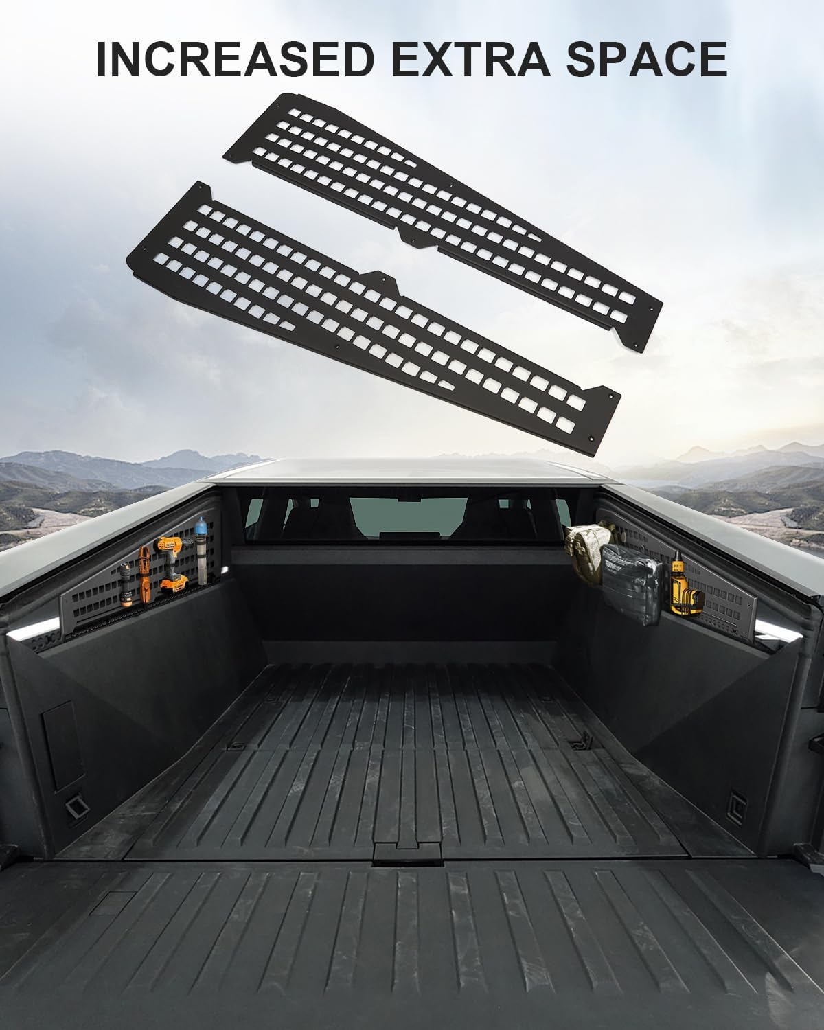2 PCS 42 Inch Molle Side Panels Compatible with Tesla Cybertruck 2024 2025 2026 Aluminum Alloy Material Cybertruck Molle Panels with 8 Straps to Mount Things for Cybertruck accessories Easy to Install