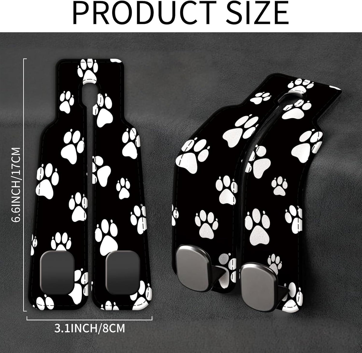 Car Seat Back Storage Headrest Hook, Premium Leather Double Metal Hook, Hanger Storage Organizer for Purse Cloth Bag, Car Interior Accessories Black White Dog Paws