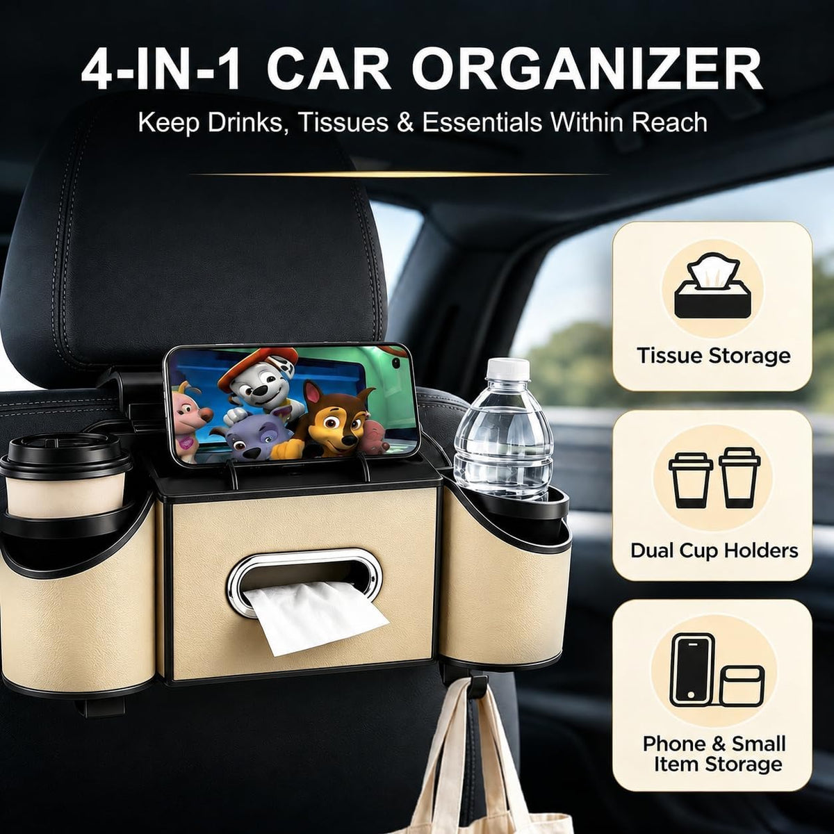 Back Seat Car Organizer, 2 Cup Holders, Tissue Holder, Phone Stand & Hooks