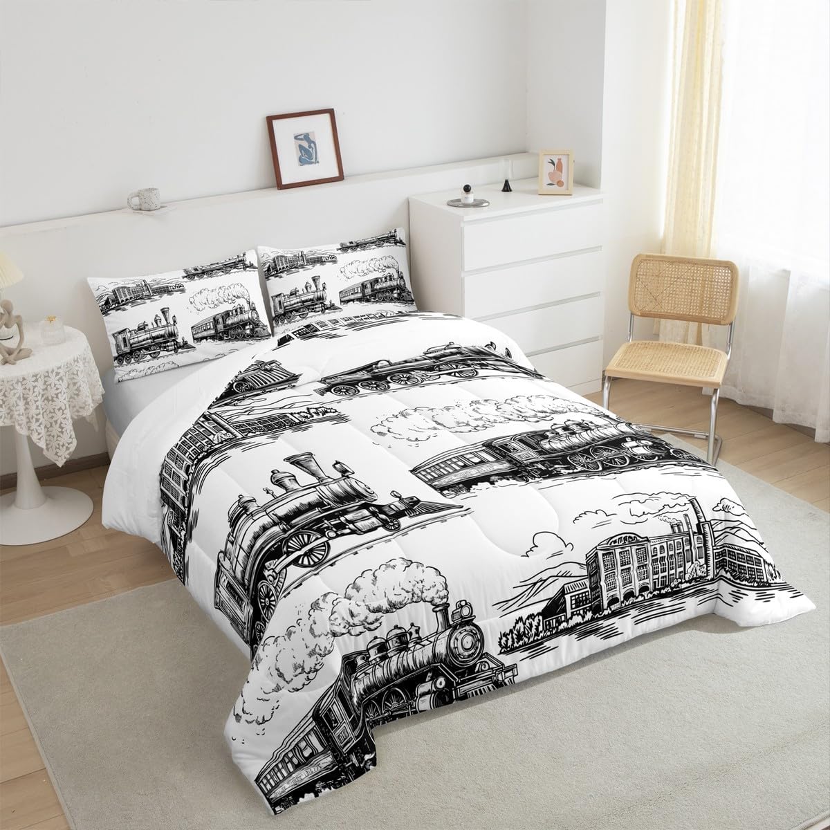 Manfei Train Comforter Set Queen Size, Retro Steam Locomotive Train Down Comforter with 2 Pillowcases, Vintage Train Bedding Set 3pcs for Kids Boys Adults Bedroom Decor Lightweight Duvet Insert
