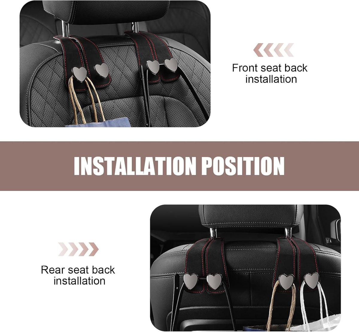 2 PCS Car Seat Headrest Hook, Car Hooks for Headrest, Storage Double Heart Shape Hooks, Suede Foldable Soft Hook Organizer, Universal for Cars (Black)