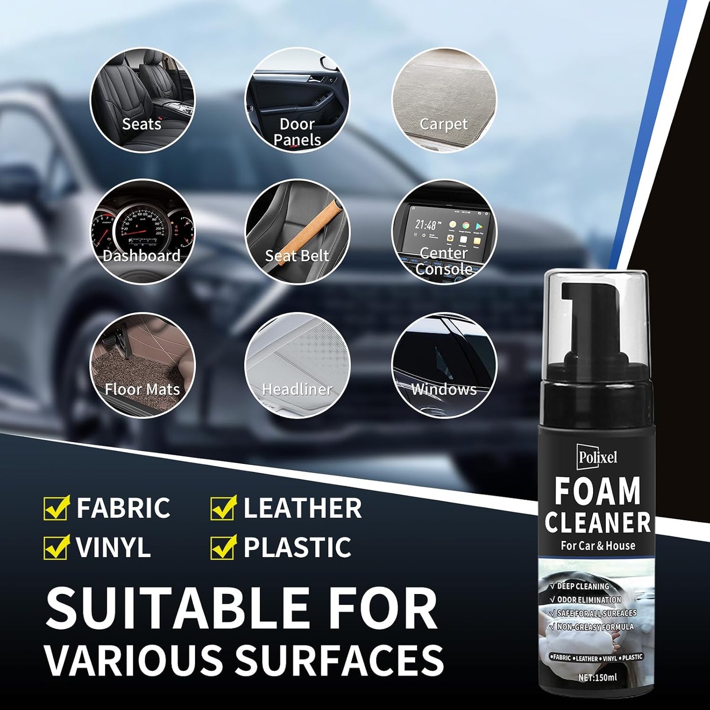 Car Interior Foam Cleaner - Powerful Waterless Carpet Upholstery & Seat Stain Remover for Leather, Fabric, Vinyl - Auto Detailing Spray with Brush Safe for All Cars - 5oz / 150ml