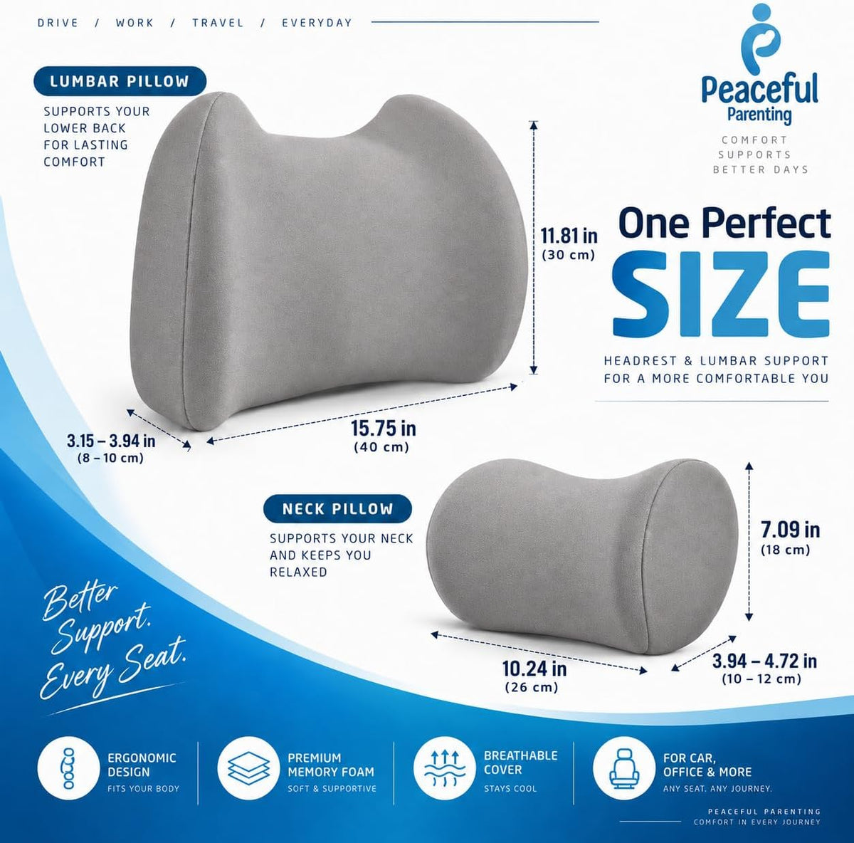 Lumbar & Neck Support Pillow Kit - Gray - Back & Neck Support Pillow for Car & Office Chair - Memory Foam Pillow - Ergonomic Pillow for Neck & Back Pain Relief