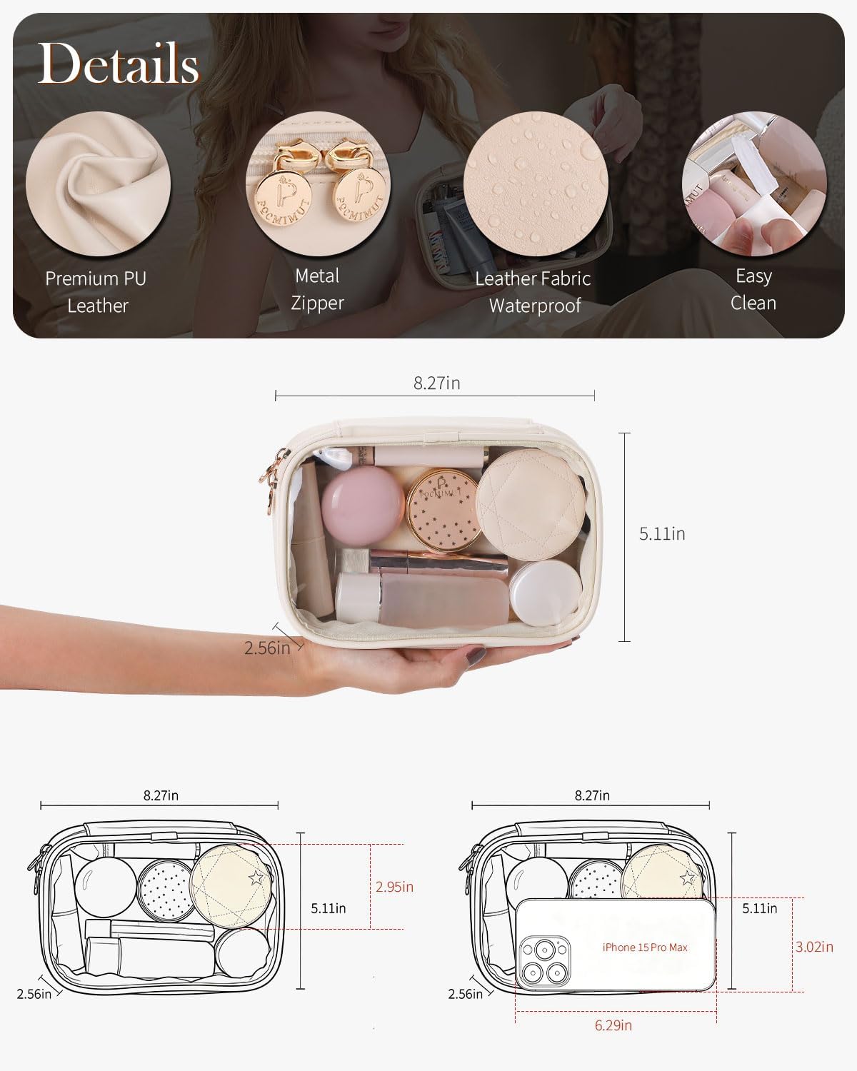 Pocmimut Makeup Bag,Small Makeup Pouch Clear Travel Cosmetic Bag Car Accessories Storage for Women,Travel Essentials Organizers,Apricot