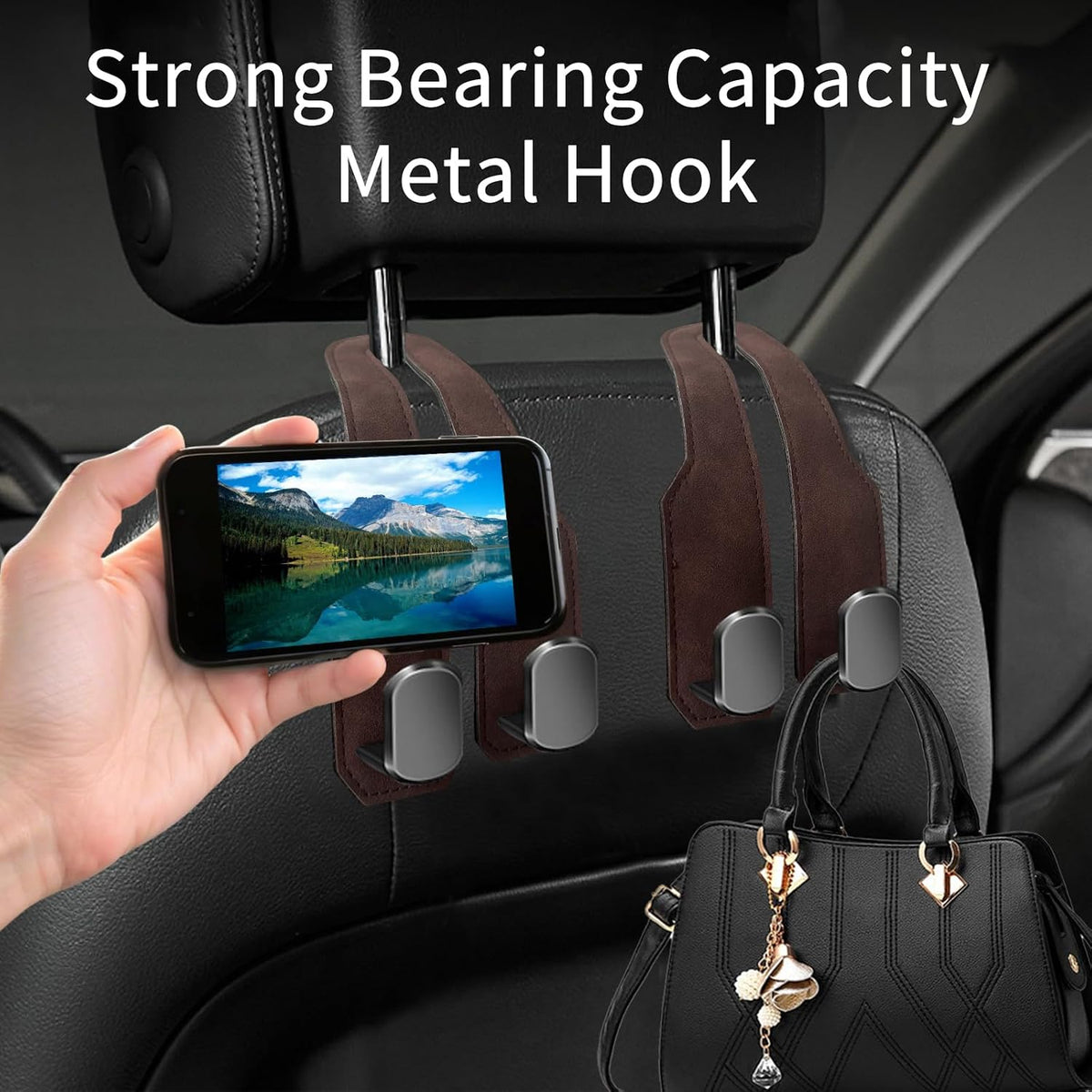 Car Purse Hook, Car Seat Headrest Hooks, Brown Leather 4 Pack
