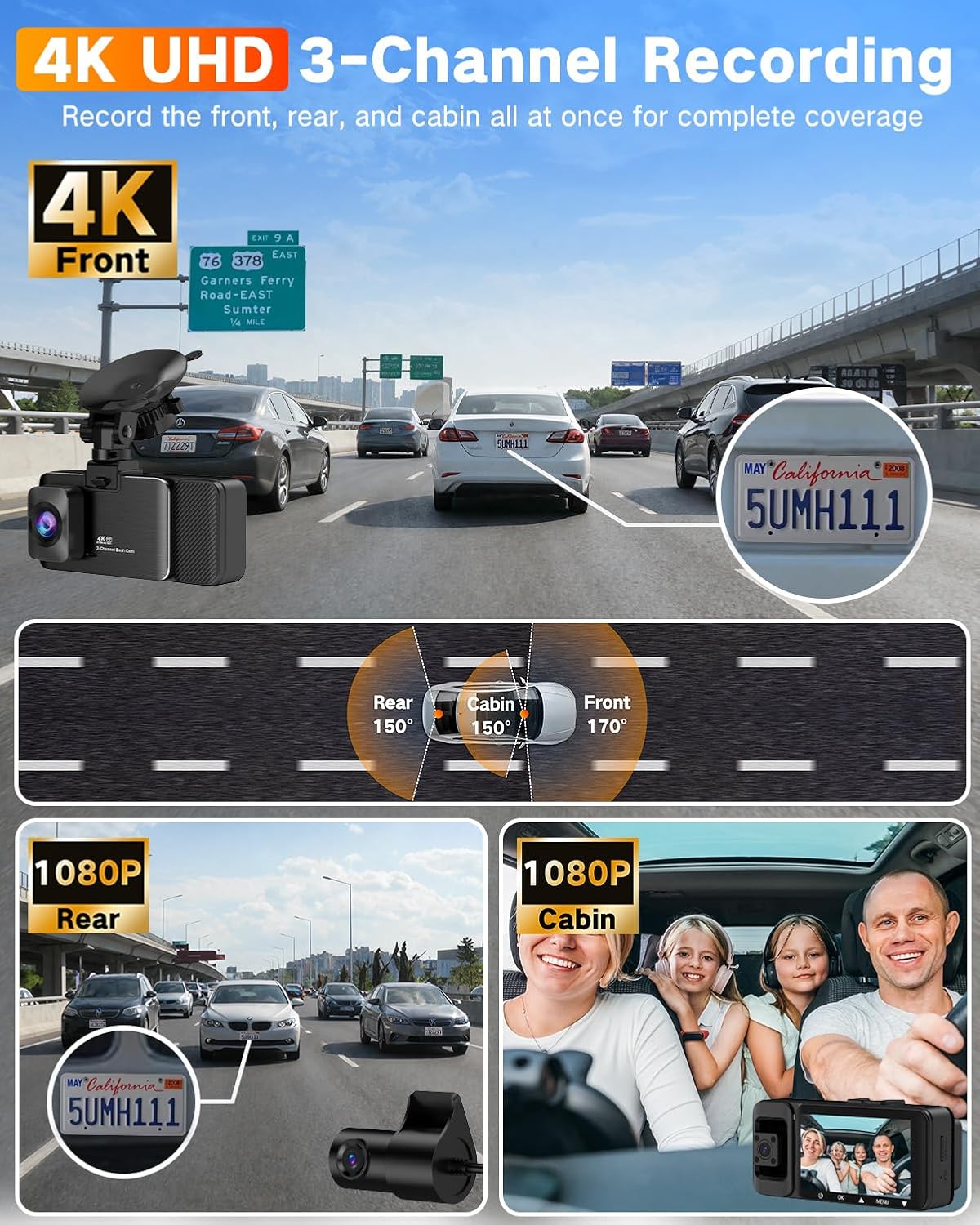 WECOOL 4K UHD 3 Channel Dash Cam Front and Rear Inside