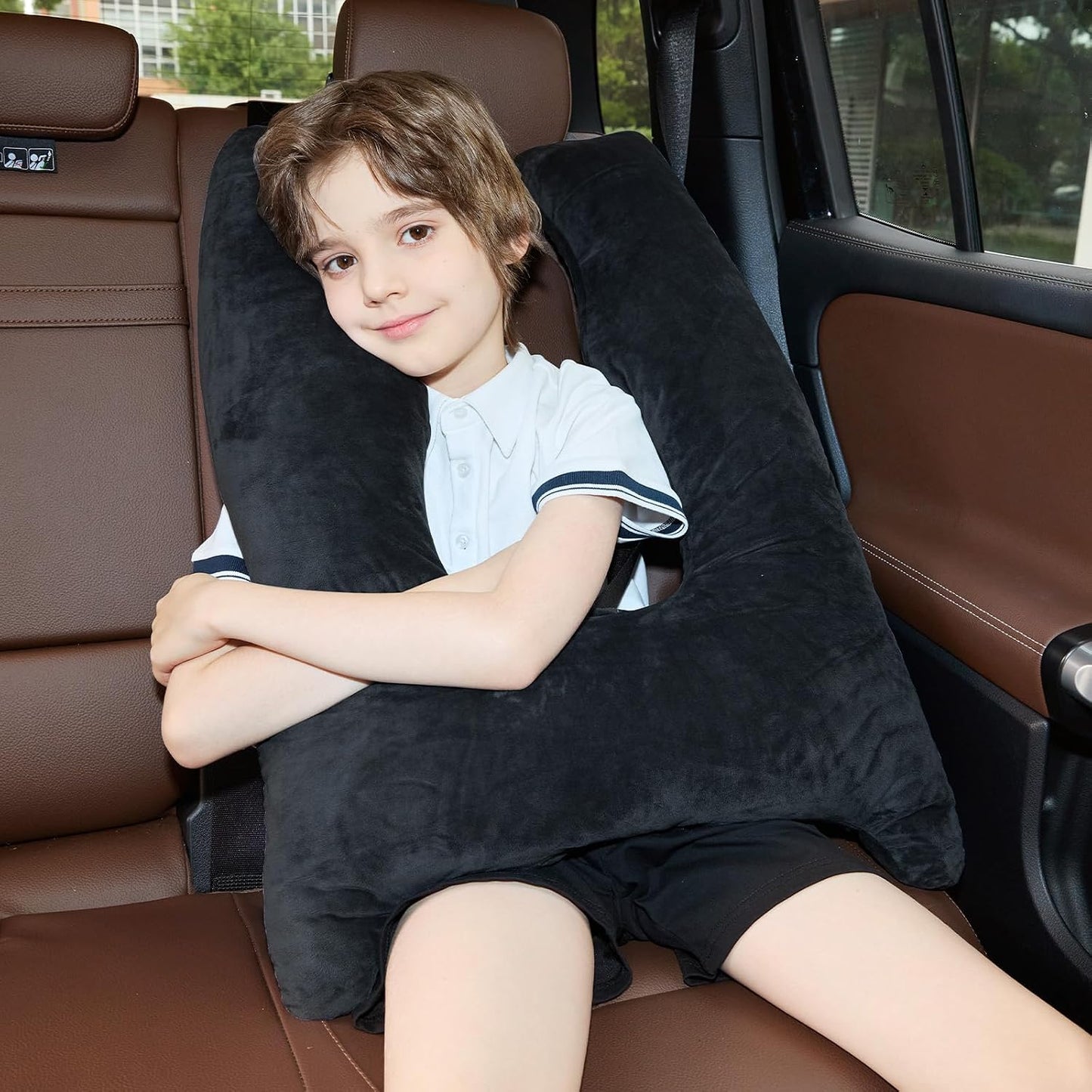 Car Pillow for Kids Travel Pillow with Adjustable Strap, Kids Floor Pillows Cushions for Adults and Children to Support Head and Body Road Trip Essentials(Metal Black)