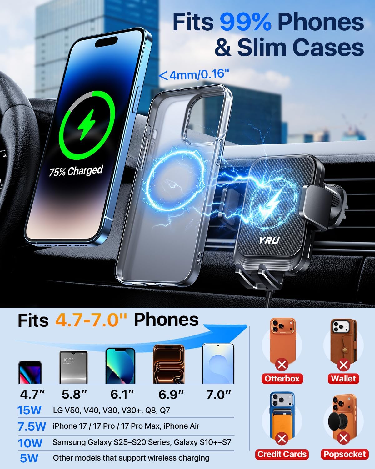 YRU 【Auto-Clamping & 90+LBS Strong Suction 15W Wireless Car Charger Mount