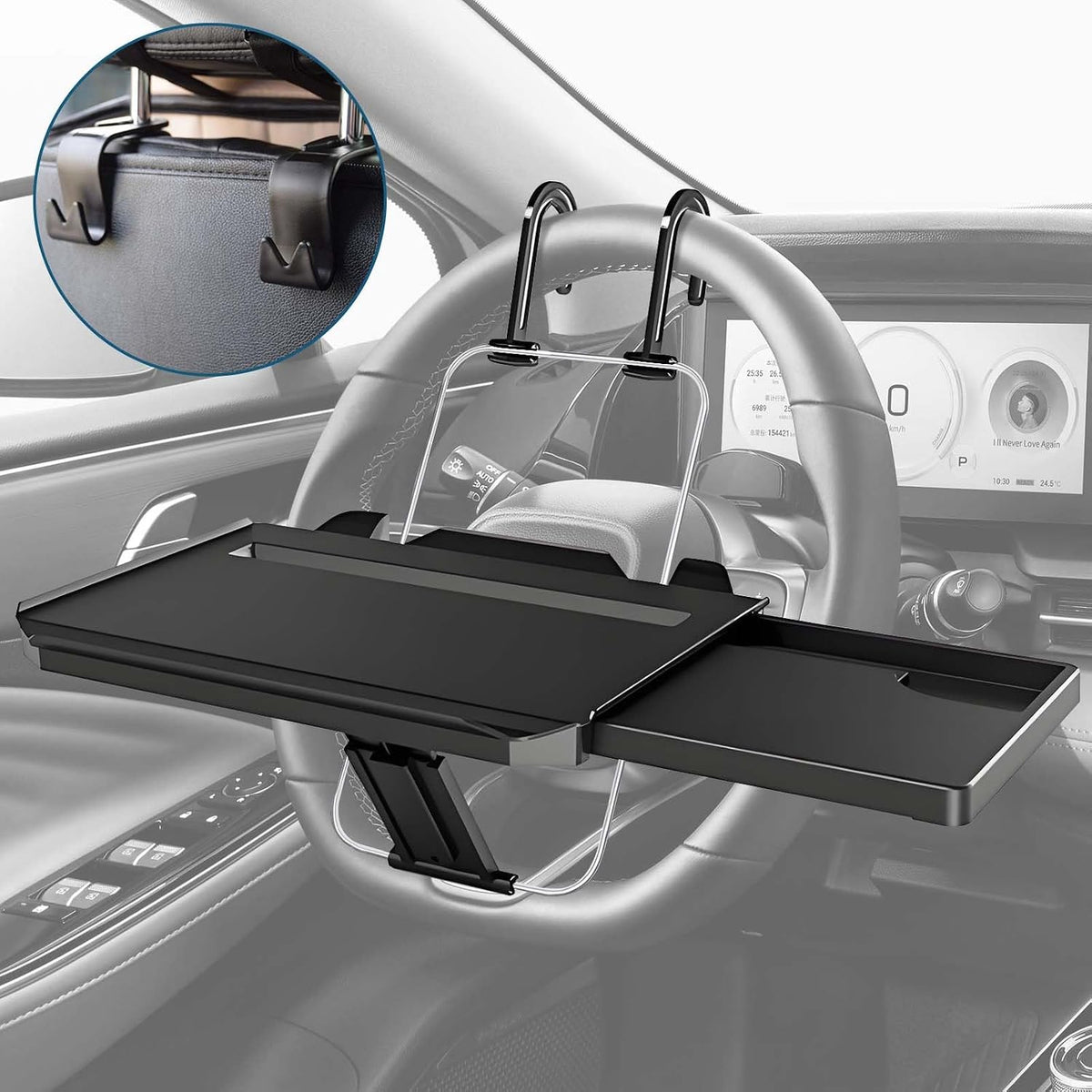 Black 2-in-1 Car Steering Wheel Laptop Holder & Backseat Tray with Adjustable Multipurpose Desk Car Accessories for Eating, Writing, Laptop Work with Cup Holder - Ideal for Constant Travelers