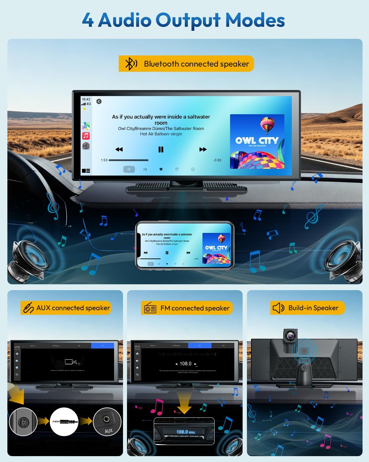 ESSGOO 11.3" Wireless CarPlay & Android Auto Screen for car with Dual Cam