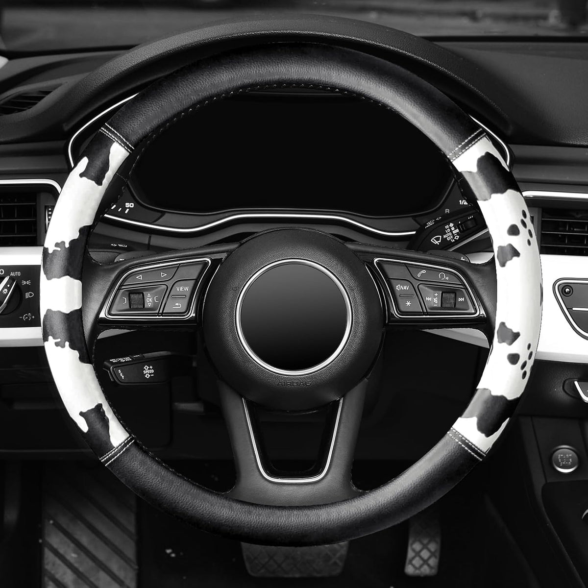 Cow Print Steering Wheel Cover,14.5-15",Microfiber Leather,Anti-Slip,Women